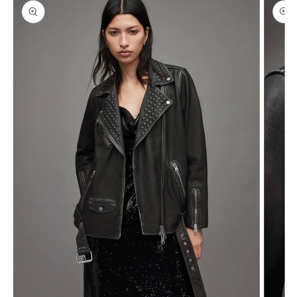 Studded Black Biker Leather Jacket with Belt, women’s Medium - Picture 4 of 6